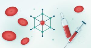 Vitamina B12: hemácias, molécula de cobalamina, ampola e seringa para aplicação injetável