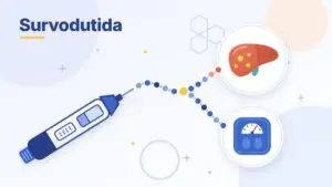Ilustração da survodutida: caneta injetável ligada por uma molécula ao fígado e à balança